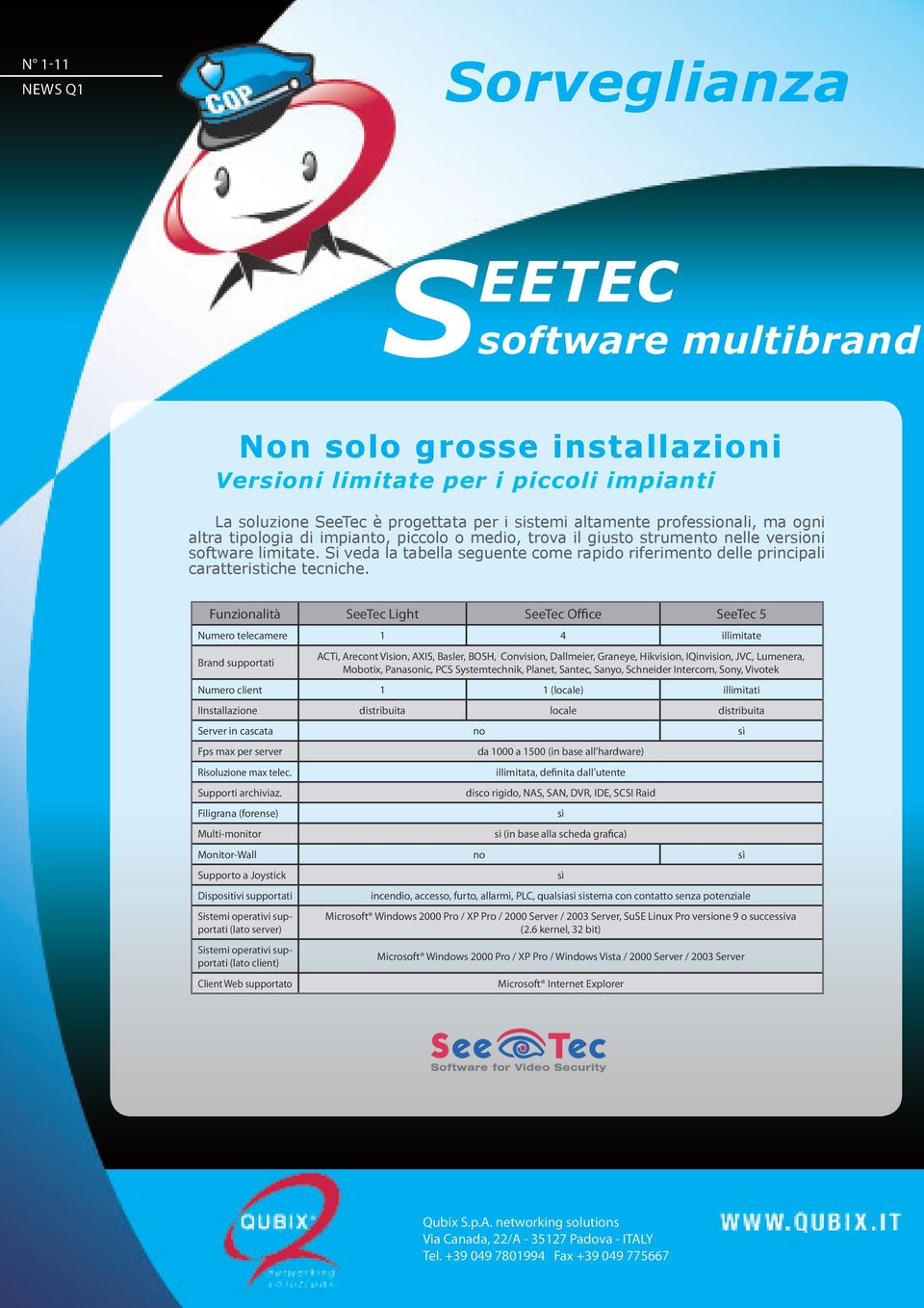 Funzionalità SeeTec Light SeeTec Office SeeTec 5 Numero telecamere 1 4 illimitate Brand supportati ACTi, Arecont Vision, AXIS, Basler, BOSH, Convision, Dallmeier, Graneye, Hikvision, IQinvision, JVC,