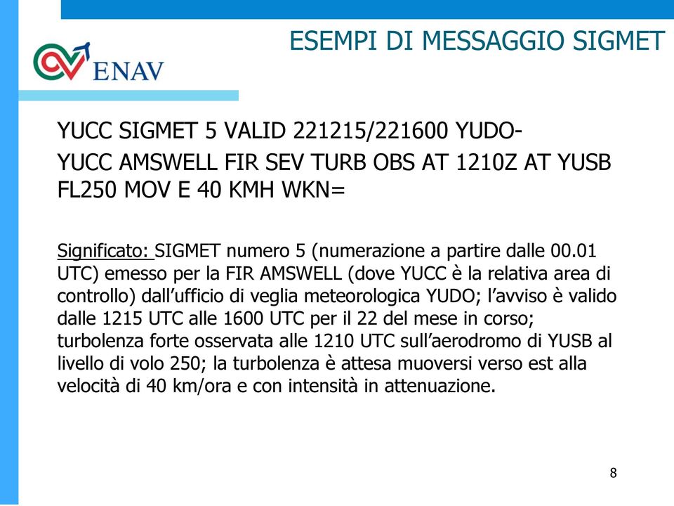 01 UTC) emesso per la FIR AMSWELL (dove YUCC è la relativa area di controllo) dall ufficio di veglia meteorologica YUDO; l avviso è valido dalle