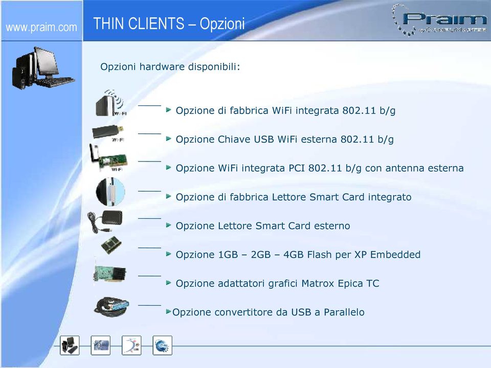 11 b/g con antenna esterna Opzione di fabbrica Lettore Smart Card integrato Opzione Lettore Smart