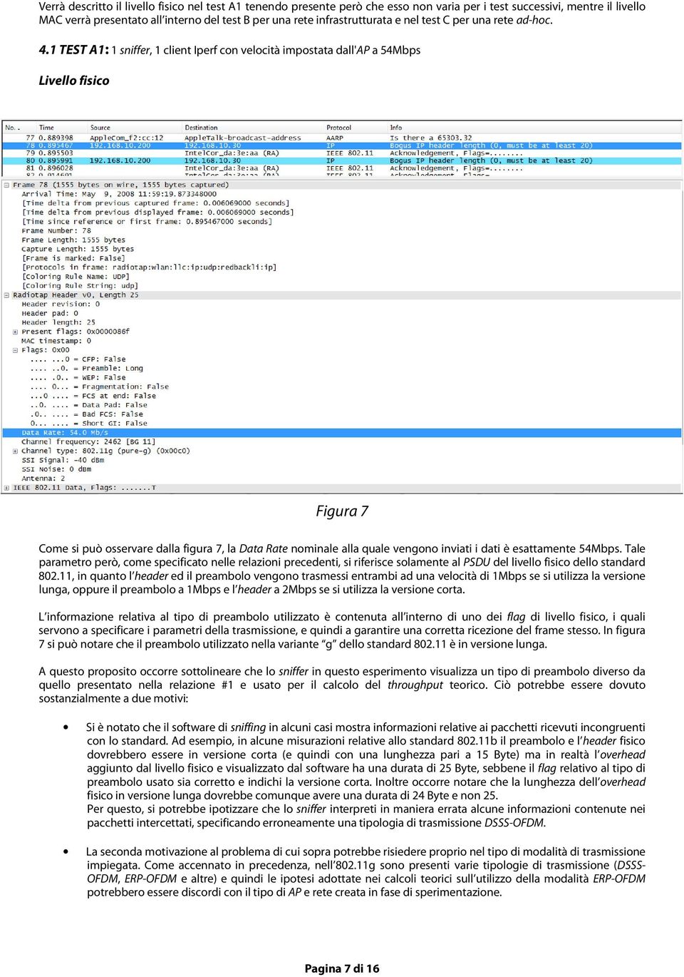 1 TEST A1: 1 sniffer, 1 client Iperf con velocità impostata dall'ap a 54Mbps Livello fisico Figura 7 Come si può osservare dalla figura 7, la Data Rate nominale alla quale vengono inviati i dati è