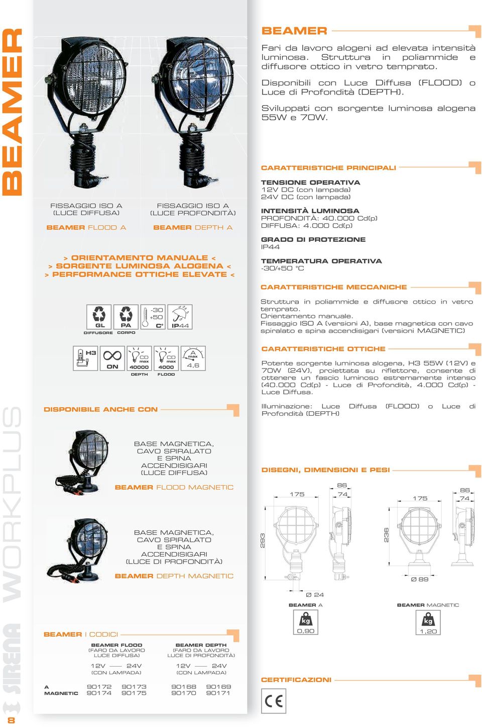 Sviluppati con sorgente luminosa alogena 55W e 70W. CARATTERISTICHE PRINCIPALI TENSIONE OPERATIVA 12V DC (con lampada) 24V DC (con lampada) INTENSITÀ LUMINOSA PROFONDITÀ: 40.000 Cd(p) DIFFUSA: 4.