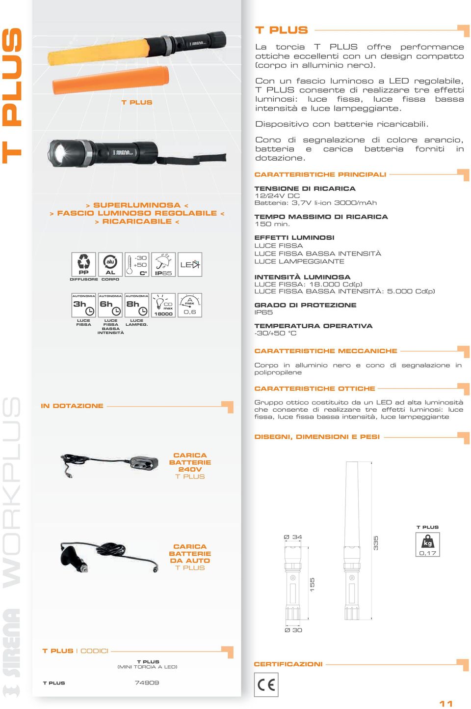 Cono di segnalazione di colore arancio, batteria e carica batteria forniti in dotazione.