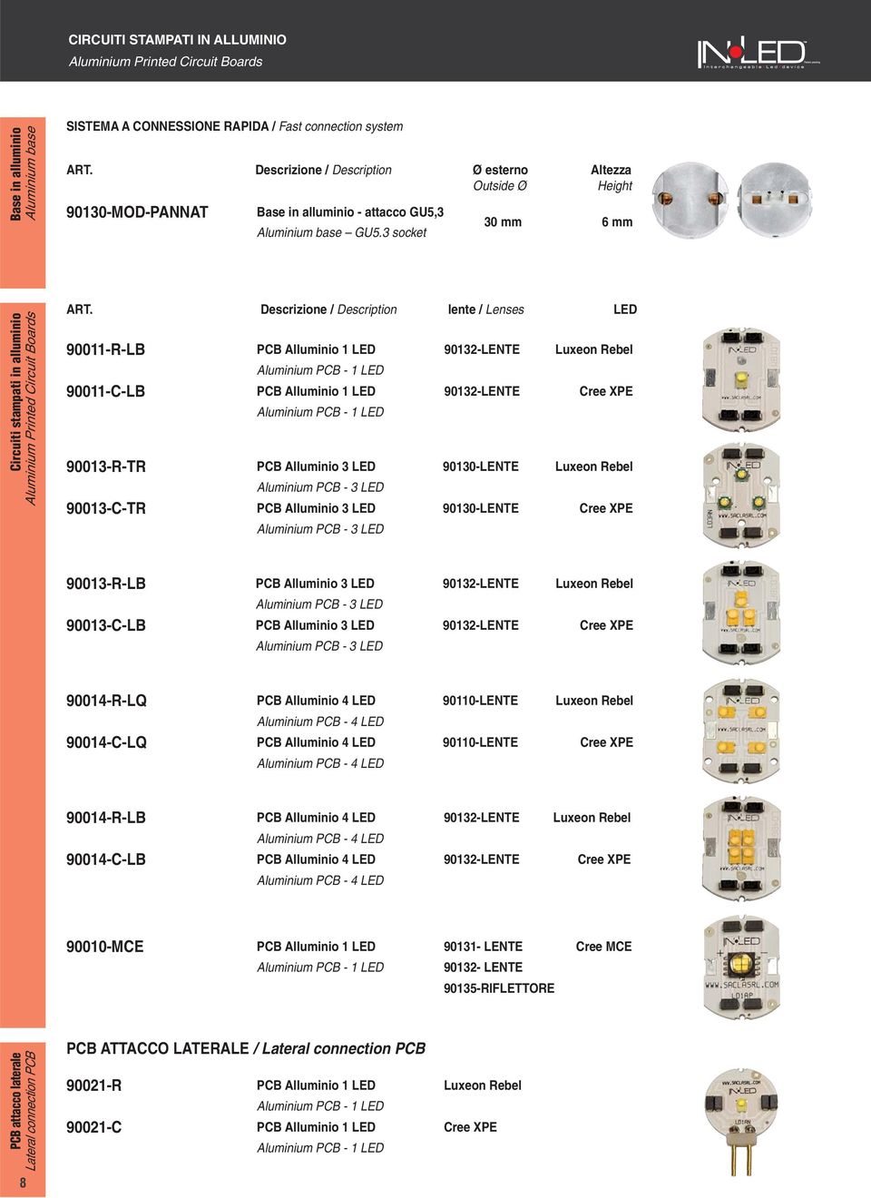 3 socket Ø esterno Outside Ø Altezza Height 30 mm 6 mm Circuiti stampati in alluminio Aluminium Printed Circuit Boards Descrizione / Description lente / Lenses LED 90011-R-LB PCB Alluminio 1 LED