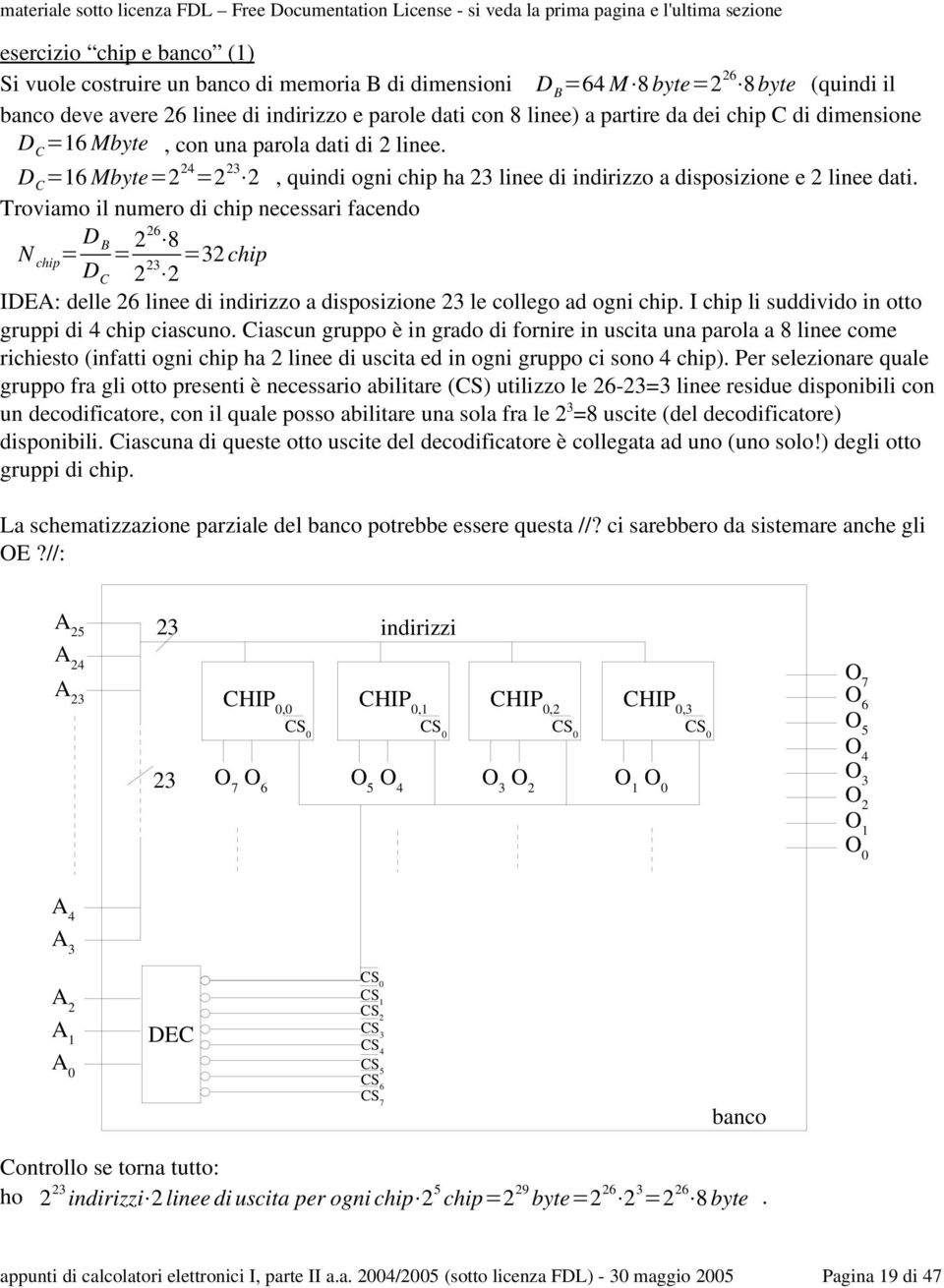 Troviamo il numero di chip necessari facendo N chip = D B = 226 8 =32 chip D C 2 23 2 IDEA: delle 26 linee di indirizzo a disposizione 23 le collego ad ogni chip.