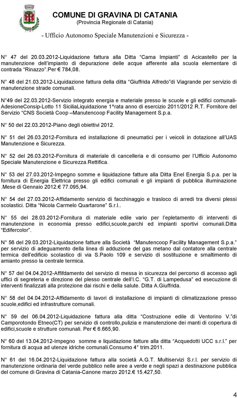 T. Fornitore del Servizio CNS Società Coop Manutencoop Facility Management S.p.a. N 50 del 22.03.