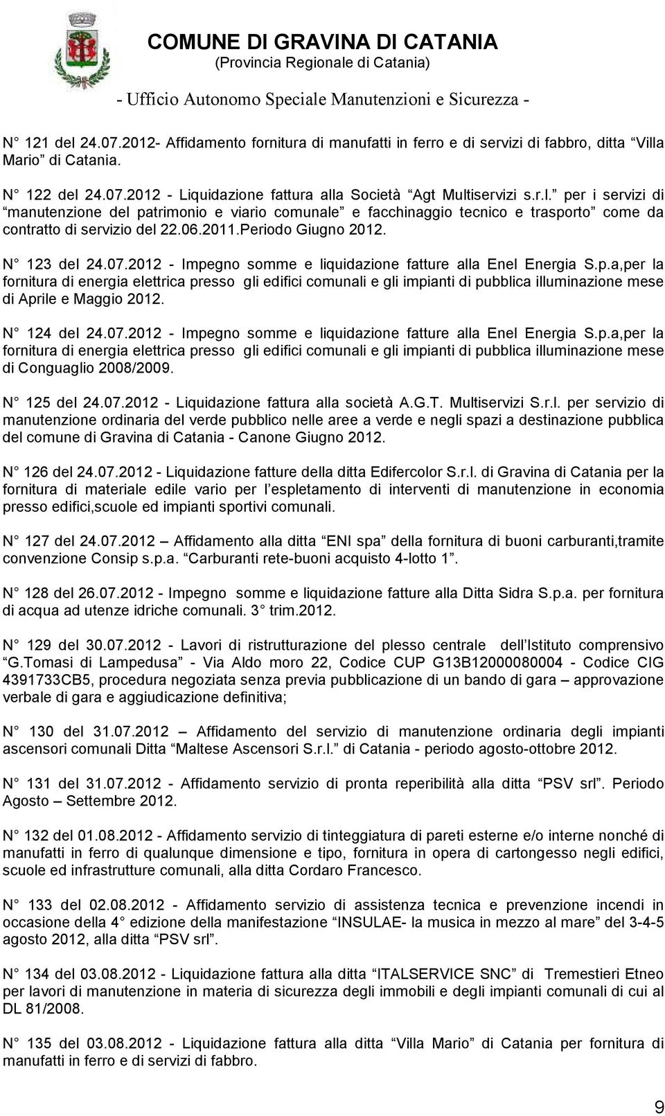 N 124 del 24.07.2012 - Impegno somme e liquidazione fatture alla Enel Energia S.p.a,per la fornitura di energia elettrica presso gli edifici comunali e gli impianti di pubblica illuminazione mese di Conguaglio 2008/2009.