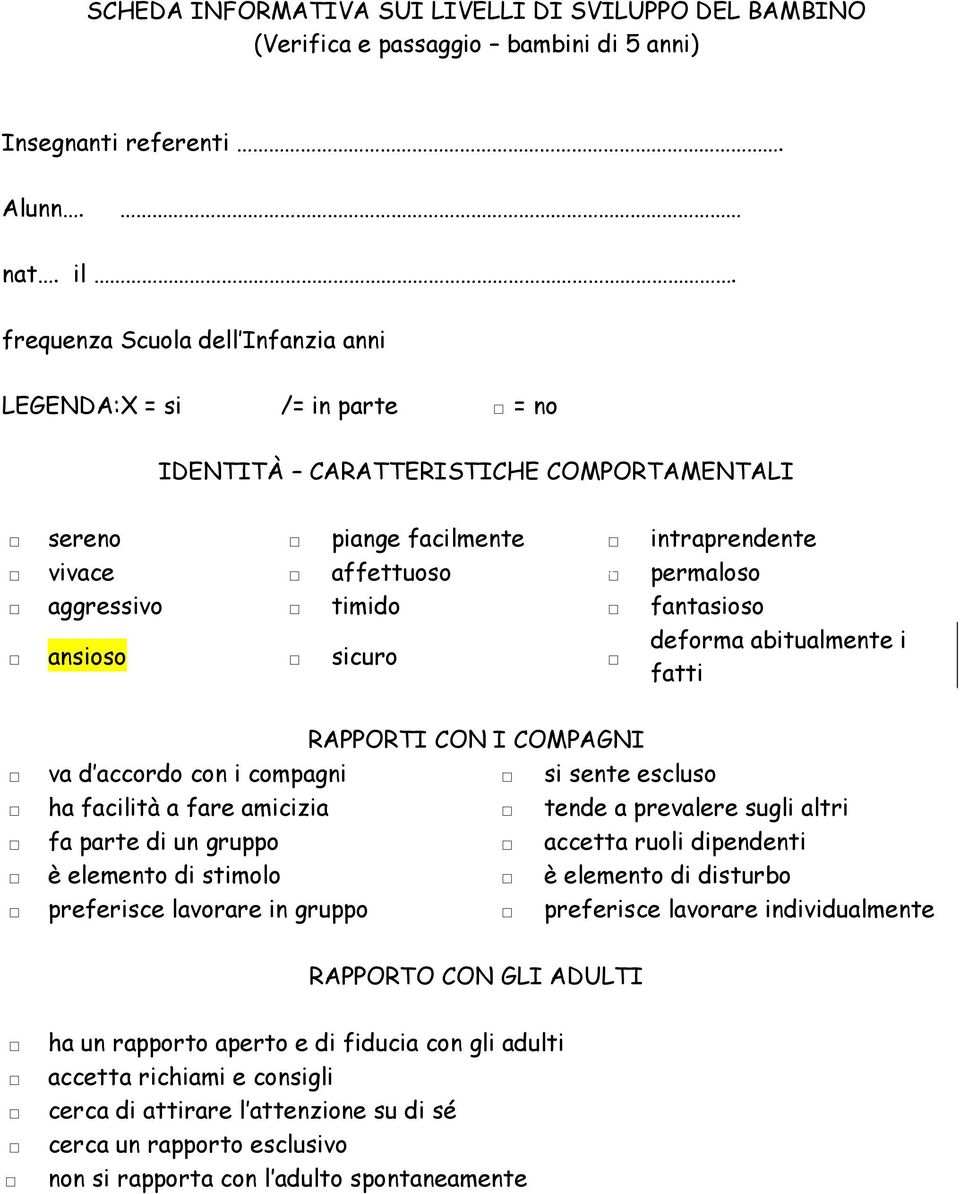 fantasioso ansioso sicuro deforma abitualmente i fatti RAPPORTI CON I COMPAGNI va d accordo con i compagni si sente escluso ha facilità a fare amicizia tende a prevalere sugli altri fa parte di un