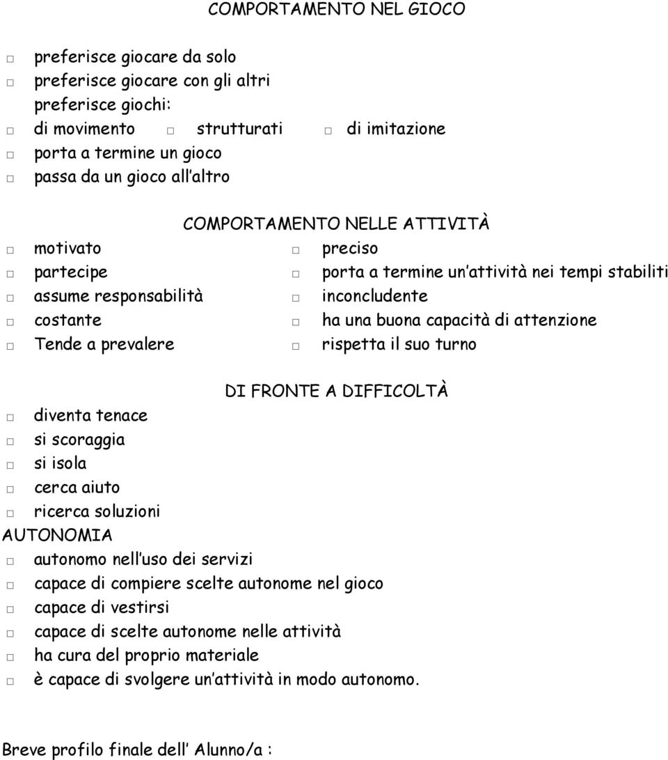 Tende a prevalere rispetta il suo turno DI FRONTE A DIFFICOLTÀ diventa tenace si scoraggia si isola cerca aiuto ricerca soluzioni AUTONOMIA autonomo nell uso dei servizi capace di compiere