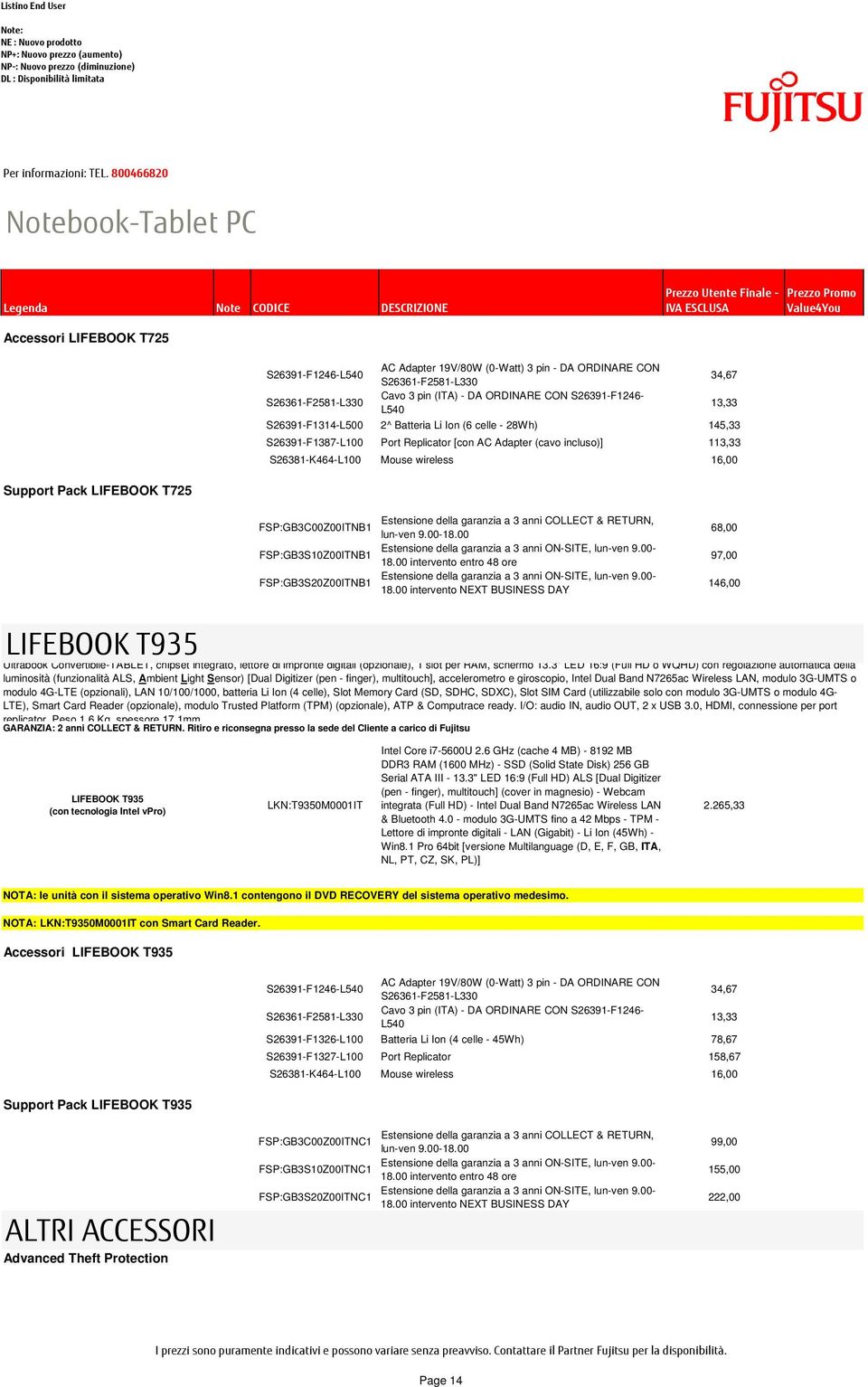 Support Pack LIFEBOOK T725 FSP:GB3C00Z00ITNB1 Estensione della garanzia a 3 anni COLLECT & RETURN, FSP:GB3S10Z00ITNB1 FSP:GB3S20Z00ITNB1 68,00 97,00 146,00 LIFEBOOK T935 Ultrabook