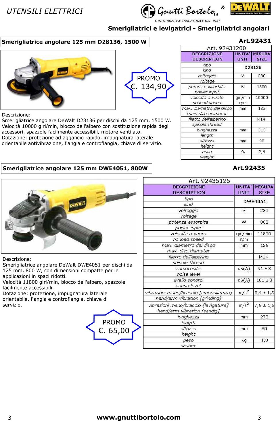 Dotazione: protezione ad aggancio rapido, impugnatura laterale orientabile antivibrazione, flangia e controflangia, chiave di servizio. Smerigliatrice angolare 125 mm DWE4051, 800W Art.