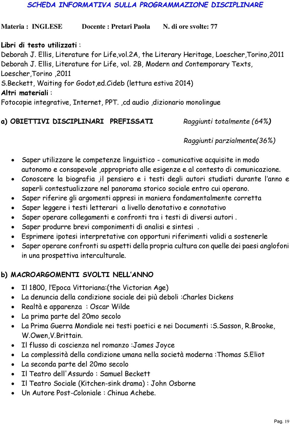 Cideb (lettura estiva 2014) Altri materiali : Fotocopie integrative, Internet, PPT.