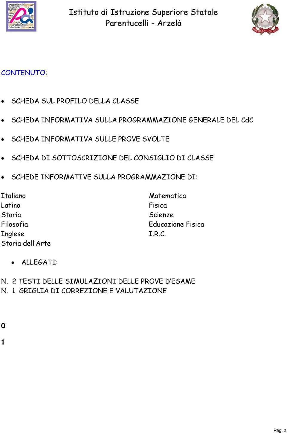 SCHEDE INFORMATIVE SULLA PROGRAMMAZIONE DI: Italiano Latino Storia Filosofia Inglese Storia dell Arte Matematica Fisica Scienze