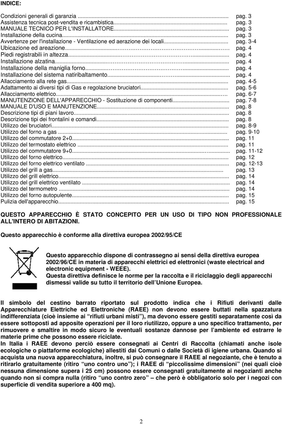 ..... pag. 4 Allacciamento alla rete gas... pag. 4-5 Adattamento ai diversi tipi di Gas e regolazione bruciatori... pag. 5-6 Allacciamento elettrico.... pag. 6-7 MANUTENZIONE DELL'APPARECCHIO - Sostituzione di componenti.