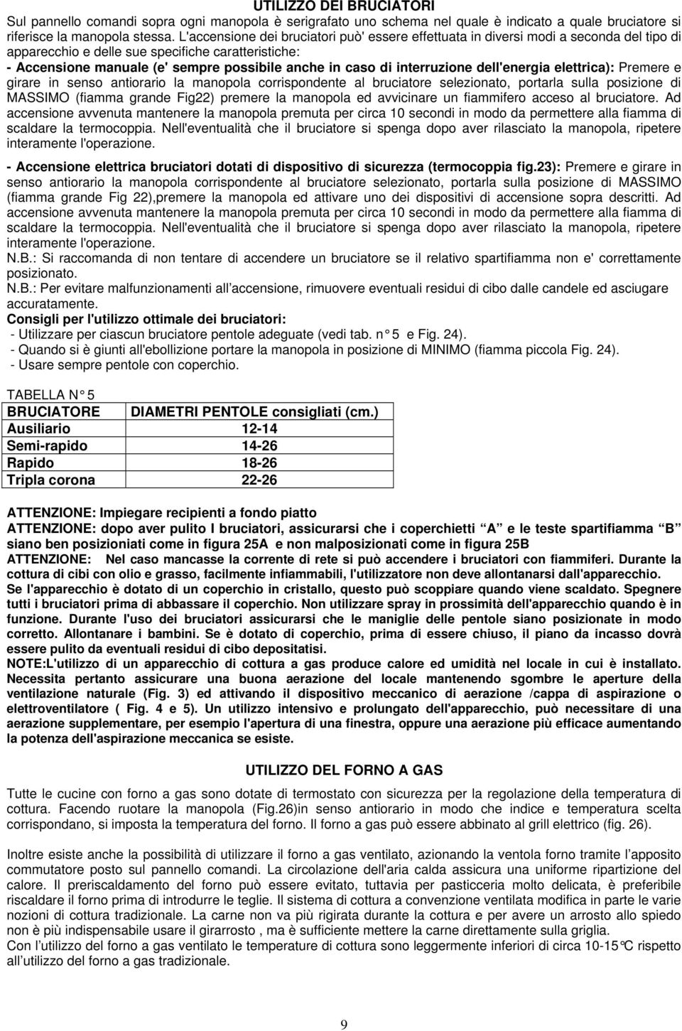 interruzione dell'energia elettrica): Premere e girare in senso antiorario la manopola corrispondente al bruciatore selezionato, portarla sulla posizione di MASSIMO (fiamma grande Fig22) premere la