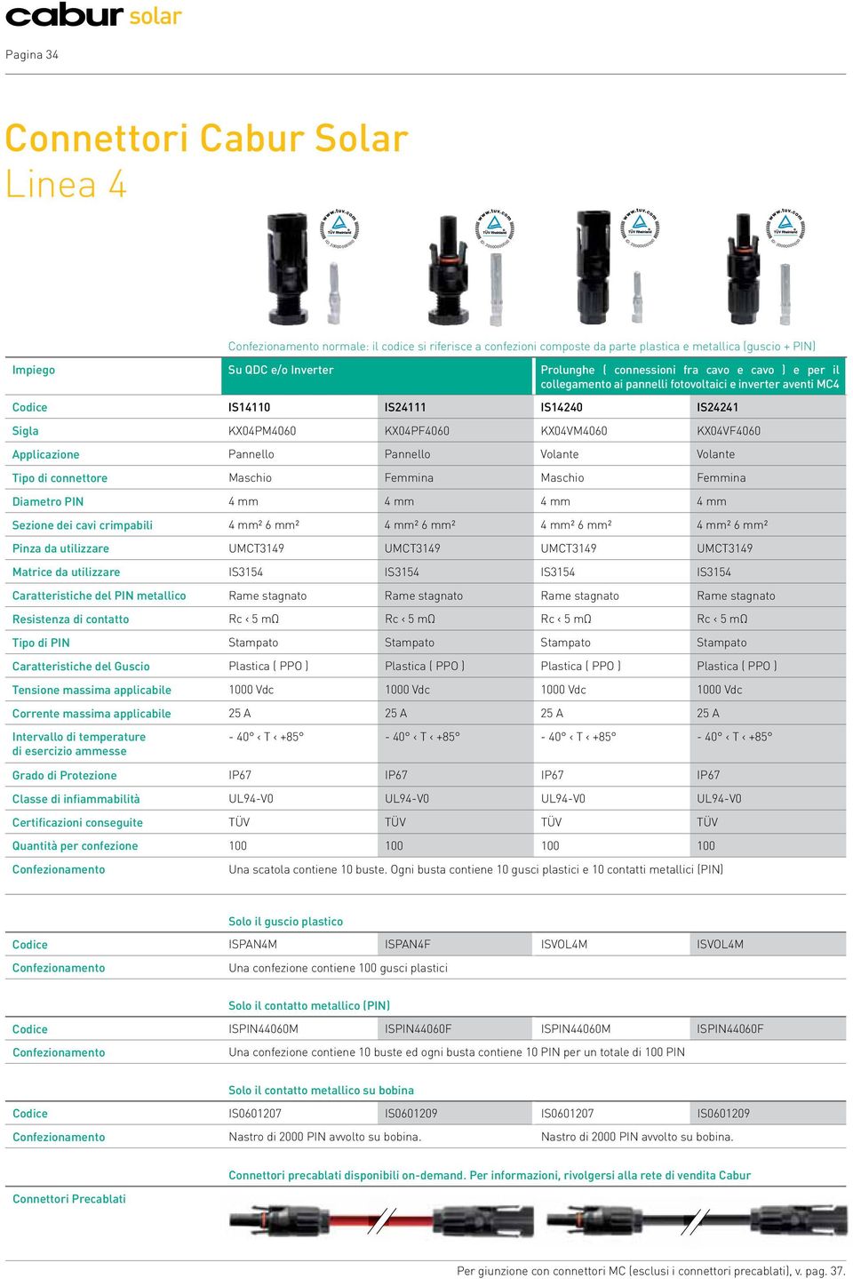 Tipo di connettore Maschio Femmina Maschio Femmina Diametro PIN 4 mm 4 mm 4 mm 4 mm Sezione dei cavi crimpabili 4 mm² 6 mm² 4 mm² 6 mm² 4 mm² 6 mm² 4 mm² 6 mm² Pinza da utilizzare UMCT3149 UMCT3149