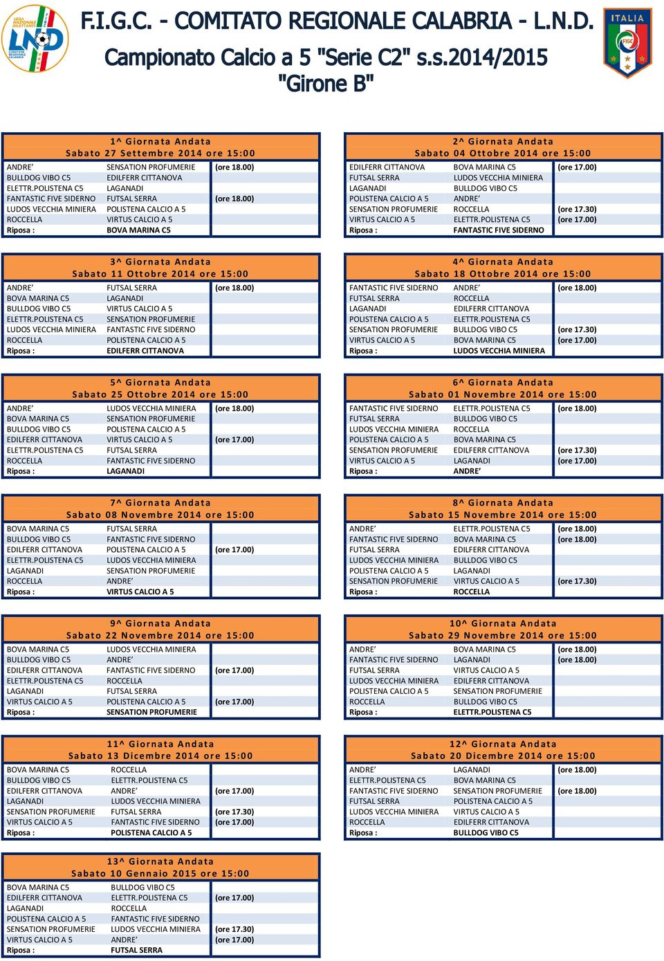 00) VIRTUS CALCIO A 5 POLISTENA CALCIO A 5 4^ Giornata Andata Sabato 18 Ottobre 2014 ore 15:00 (ore 18.00) POLISTENA CALCIO A 5 (ore 17.30) VIRTUS CALCIO A 5 (ore 17.