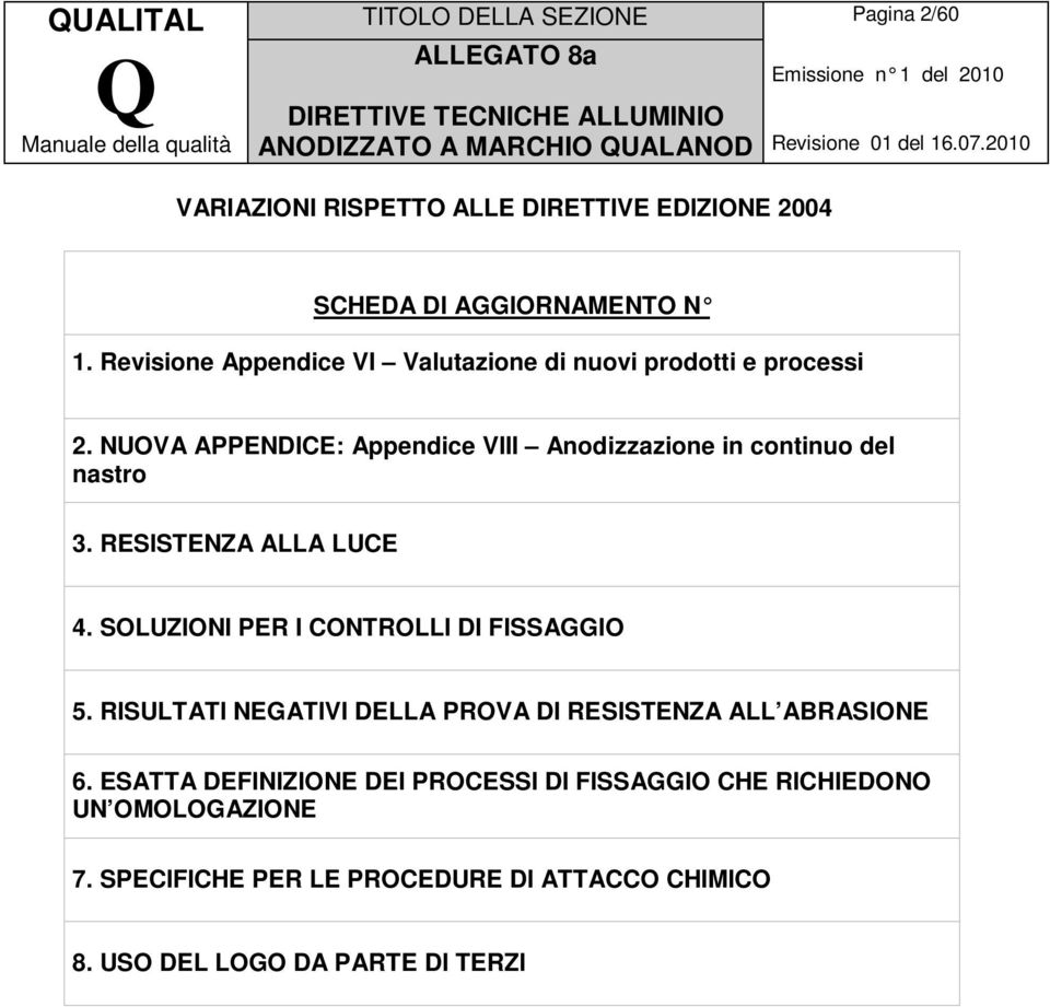 NUOVA APPENDICE: Appendice VIII Anodizzazione in continuo del nastro 3. RESISTENZA ALLA LUCE 4. SOLUZIONI PER I CONTROLLI DI FISSAGGIO 5.