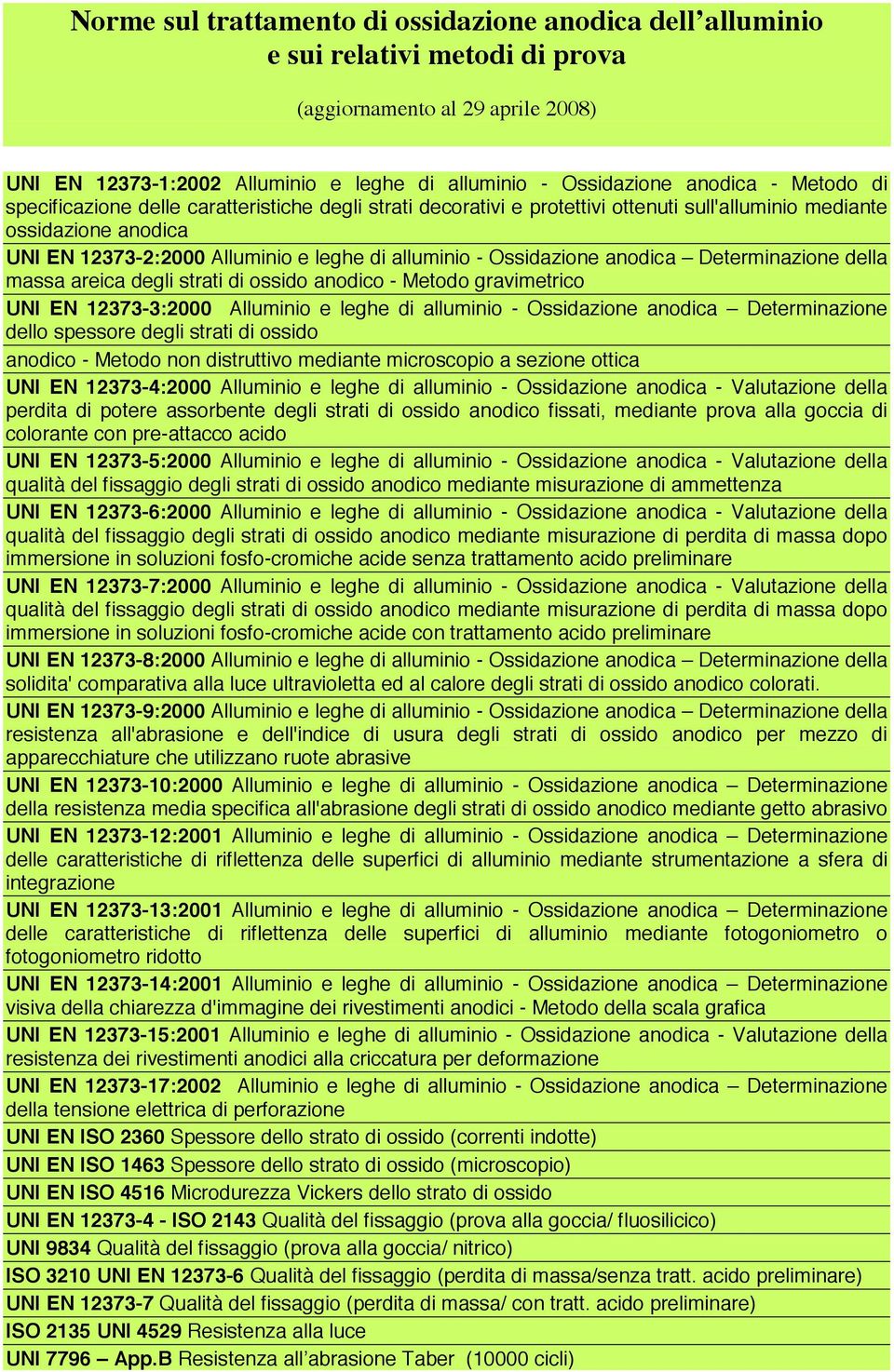 massa areica degli strati di ossido anodico - Metodo gravimetrico UNI EN 12373-3:2000 Alluminio e leghe di alluminio - Ossidazione anodica Determinazione dello spessore degli strati di ossido anodico