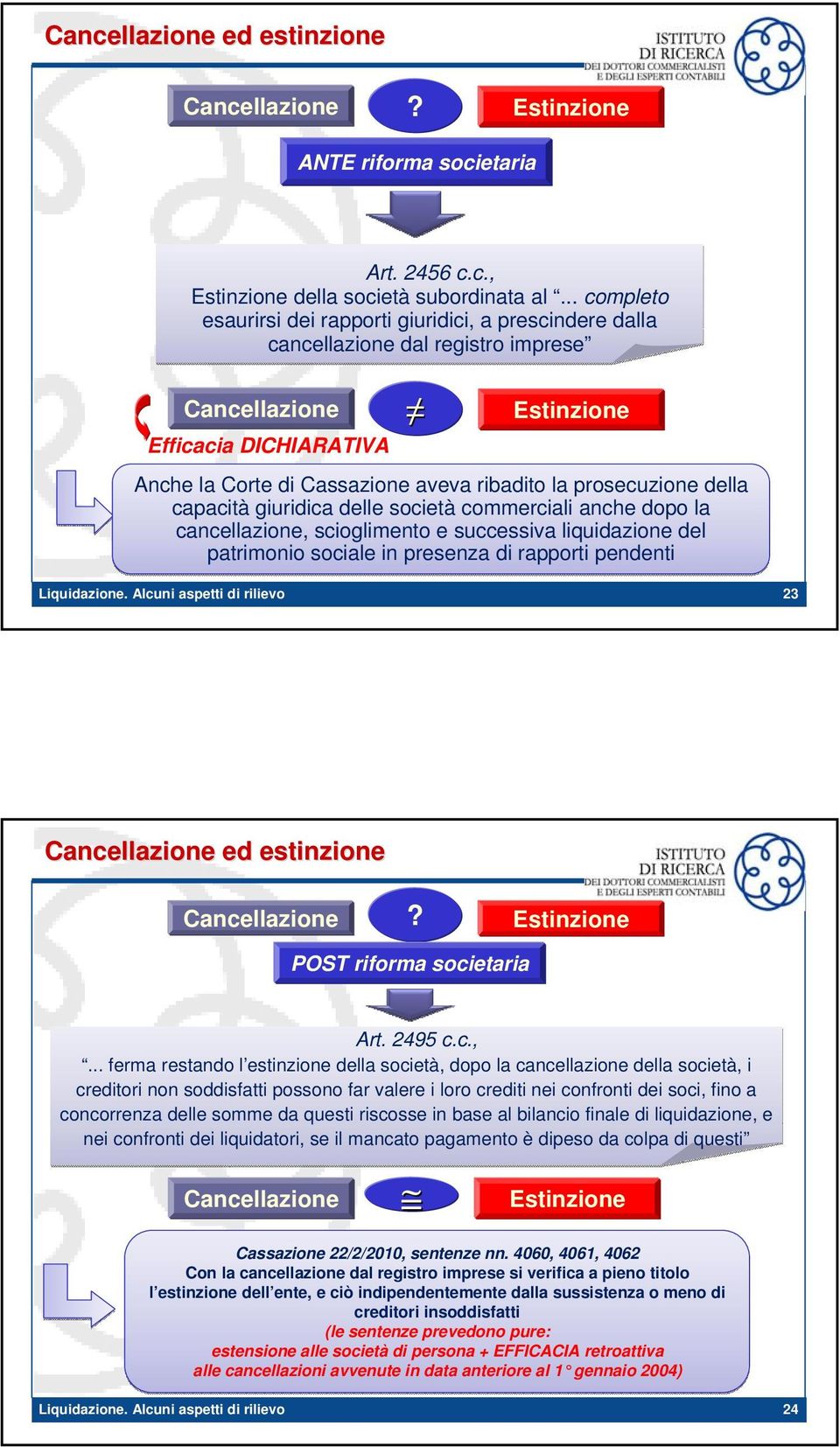 prosecuzione della capacità giuridica delle società commerciali anche dopo la cancellazione, scioglimento e successiva liquidazione del patrimonio sociale in presenza di rapporti pendenti 23