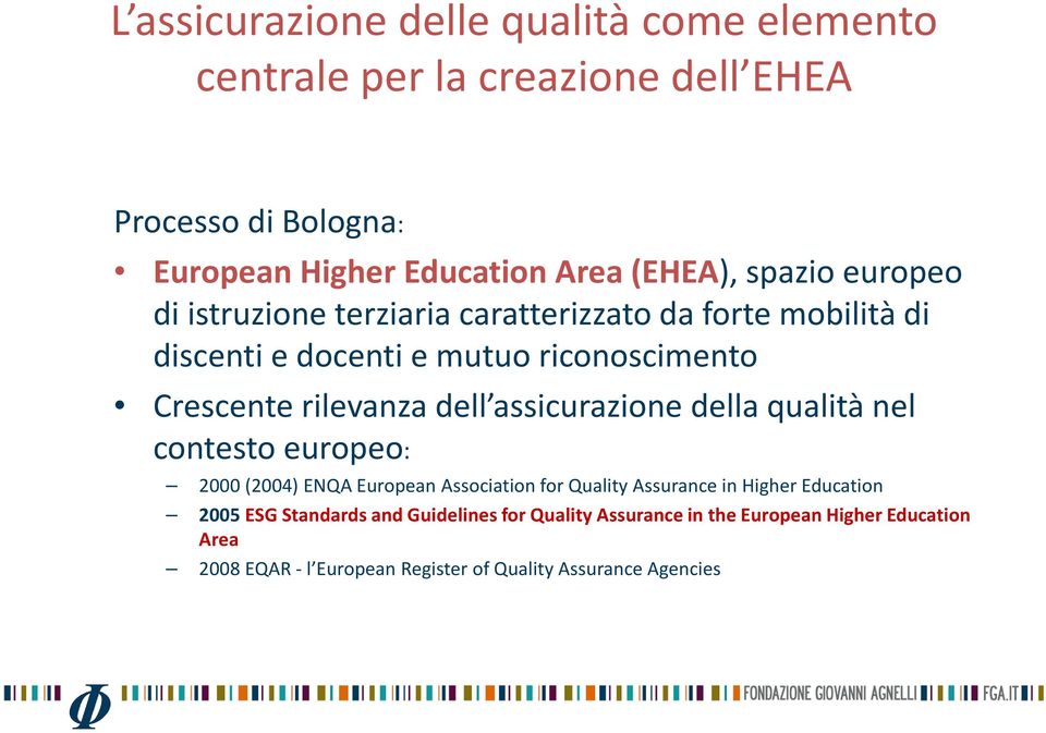 assicurazione della qualità nel contesto europeo: 2000 (2004) ENQA European Association for Quality Assurance in Higher Education 2005 ESG