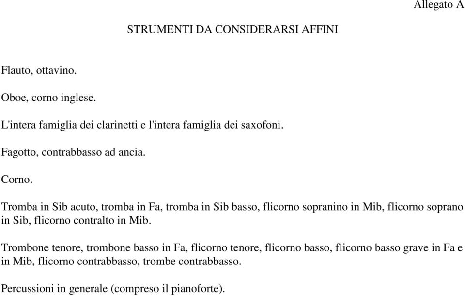 Tromba in Sib acuto, tromba in Fa, tromba in Sib basso, flicorno sopranino in Mib, flicorno soprano in Sib, flicorno contralto in