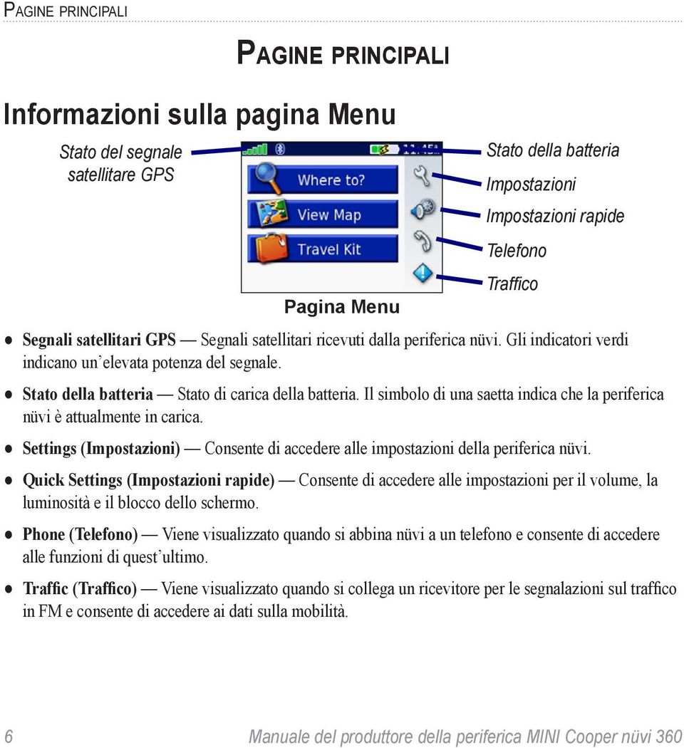 Il simbolo di una saetta indica che la periferica nüvi è attualmente in carica. Settings (Impostazioni) Consente di accedere alle impostazioni della periferica nüvi.