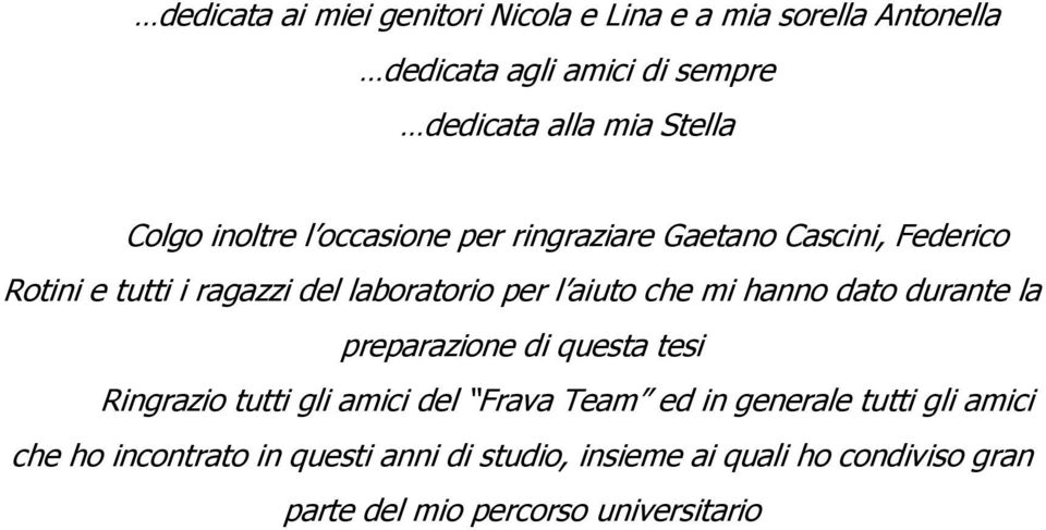 che mi hanno dato durante la preparazione di questa tesi Ringrazio tutti gli amici del Frava Team ed in generale tutti