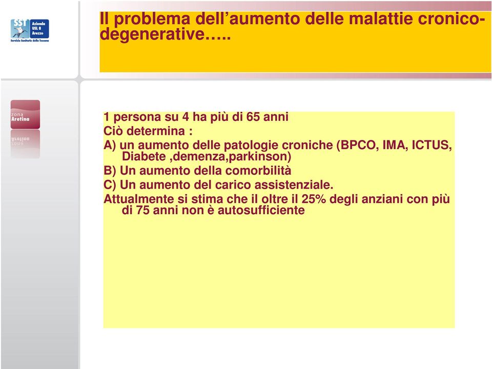 (BPCO, IMA, ICTUS, Diabete,demenza,parkinson) B) Un aumento della comorbilità C) Un