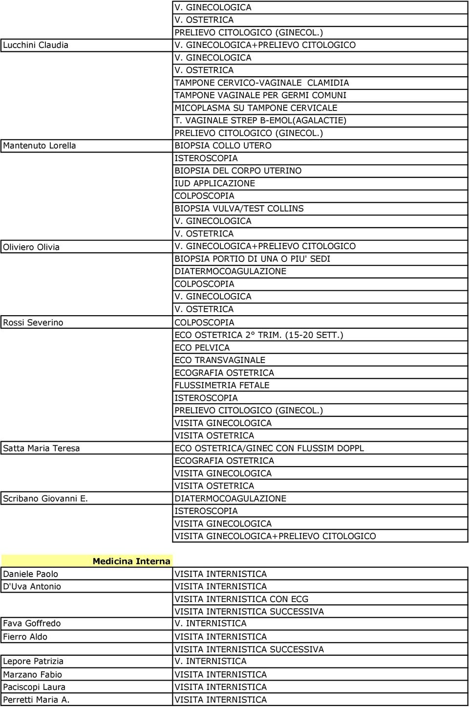 VAGINALE STREP B-EMOL(AGALACTIE) PRELIEVO CITOLOGICO (GINECOL.) BIOPSIA COLLO UTERO ISTEROSCOPIA BIOPSIA DEL CORPO UTERINO IUD APPLICAZIONE COLPOSCOPIA BIOPSIA VULVA/TEST COLLINS V. GINECOLOGICA V.