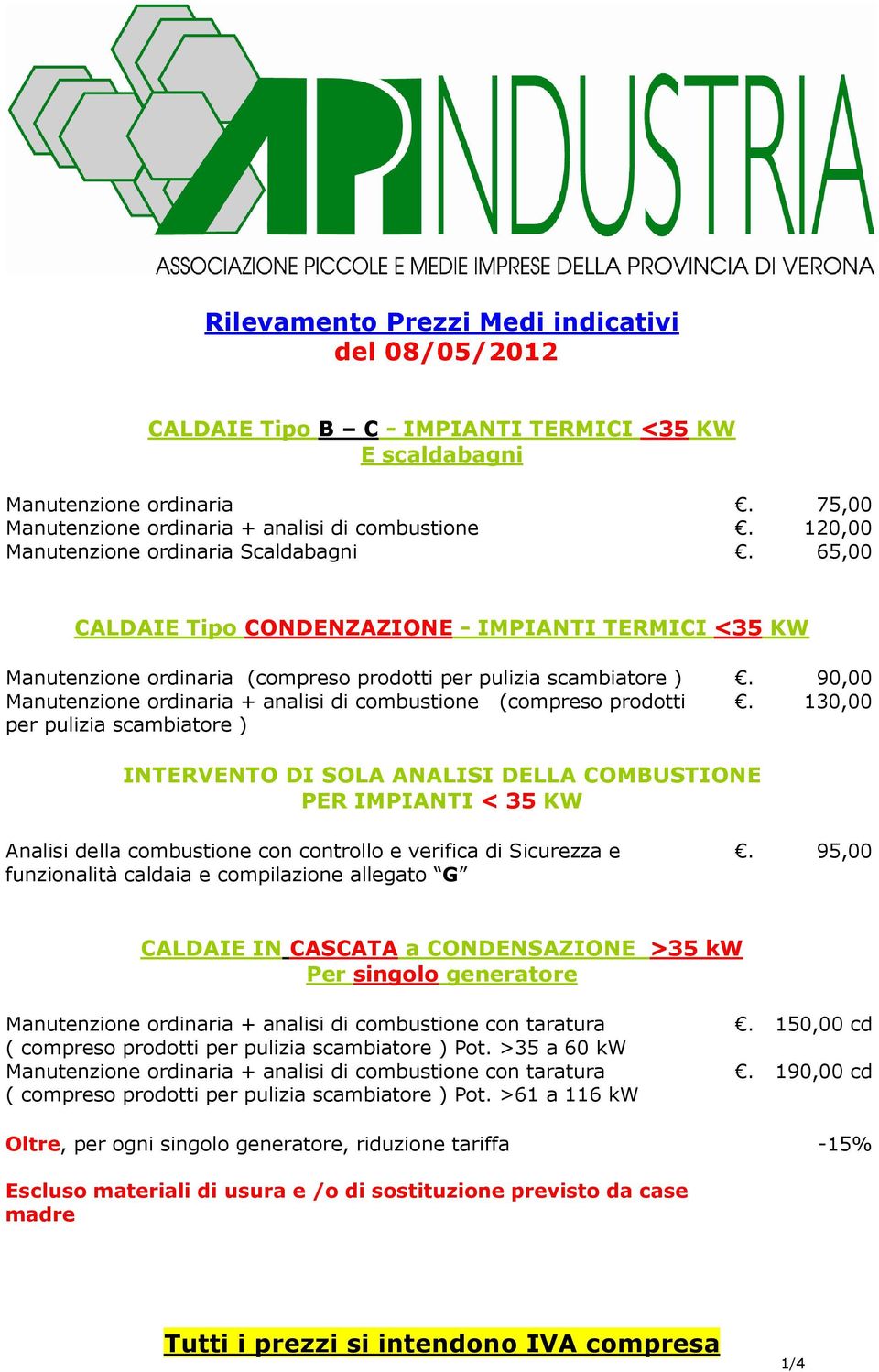 90,00 Manutenzione ordinaria + analisi di combustione (compreso prodotti.