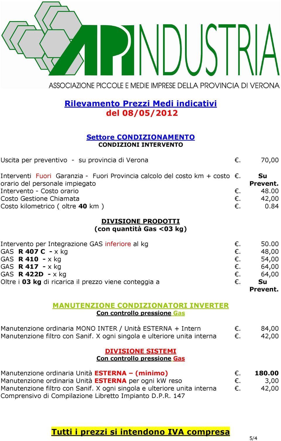 84 DIVISIONE PRODOTTI (con quantità Gas <03 kg) Intervento per Integrazione GAS inferiore al kg. 50.00 GAS R 407 C - x kg. 48,00 GAS R 410 - x kg. 54,00 GAS R 417 - x kg. 64,00 GAS R 422D - x kg.