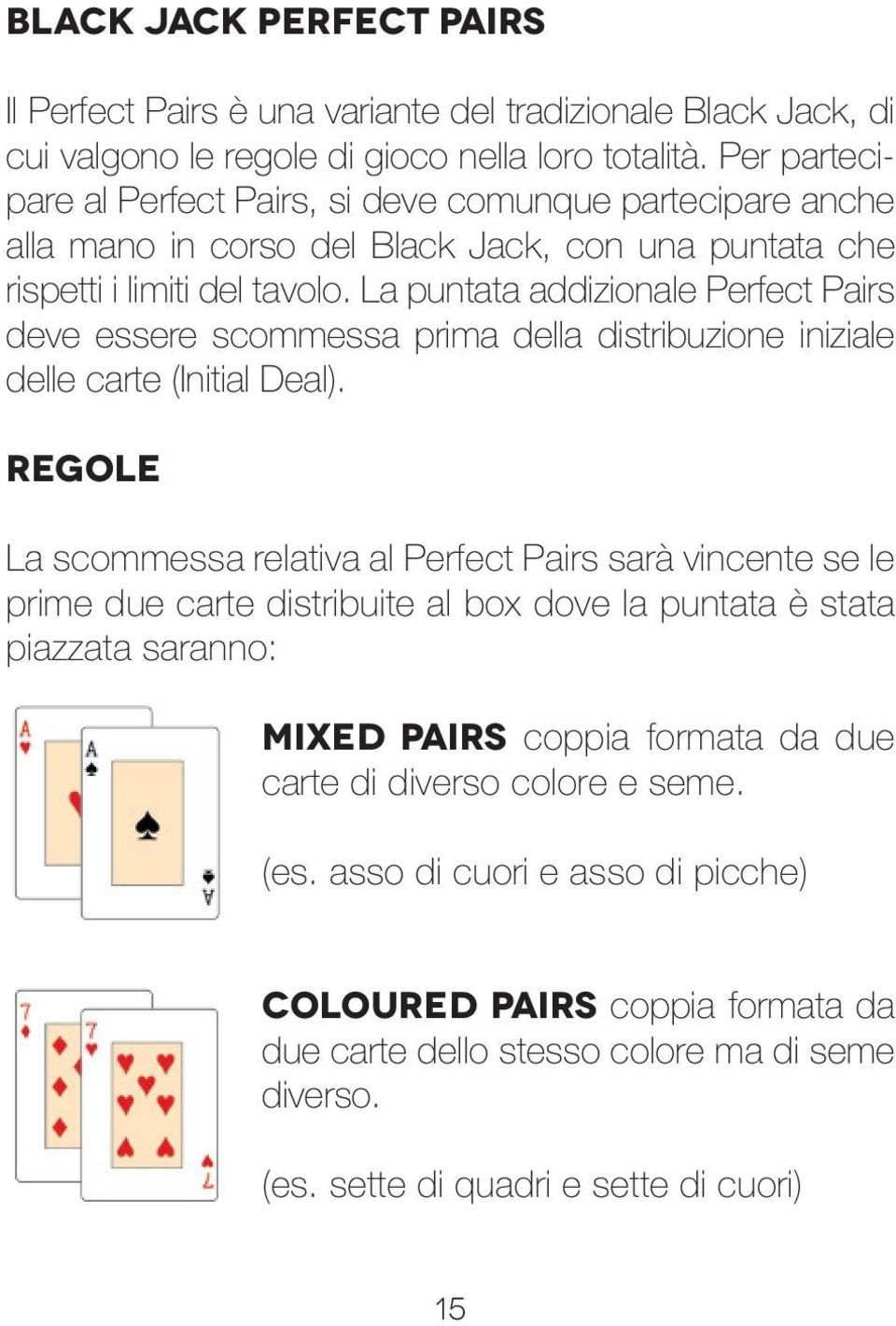 La puntata addizionale Perfect Pairs deve essere scommessa prima della distribuzione iniziale delle carte (Initial Deal).