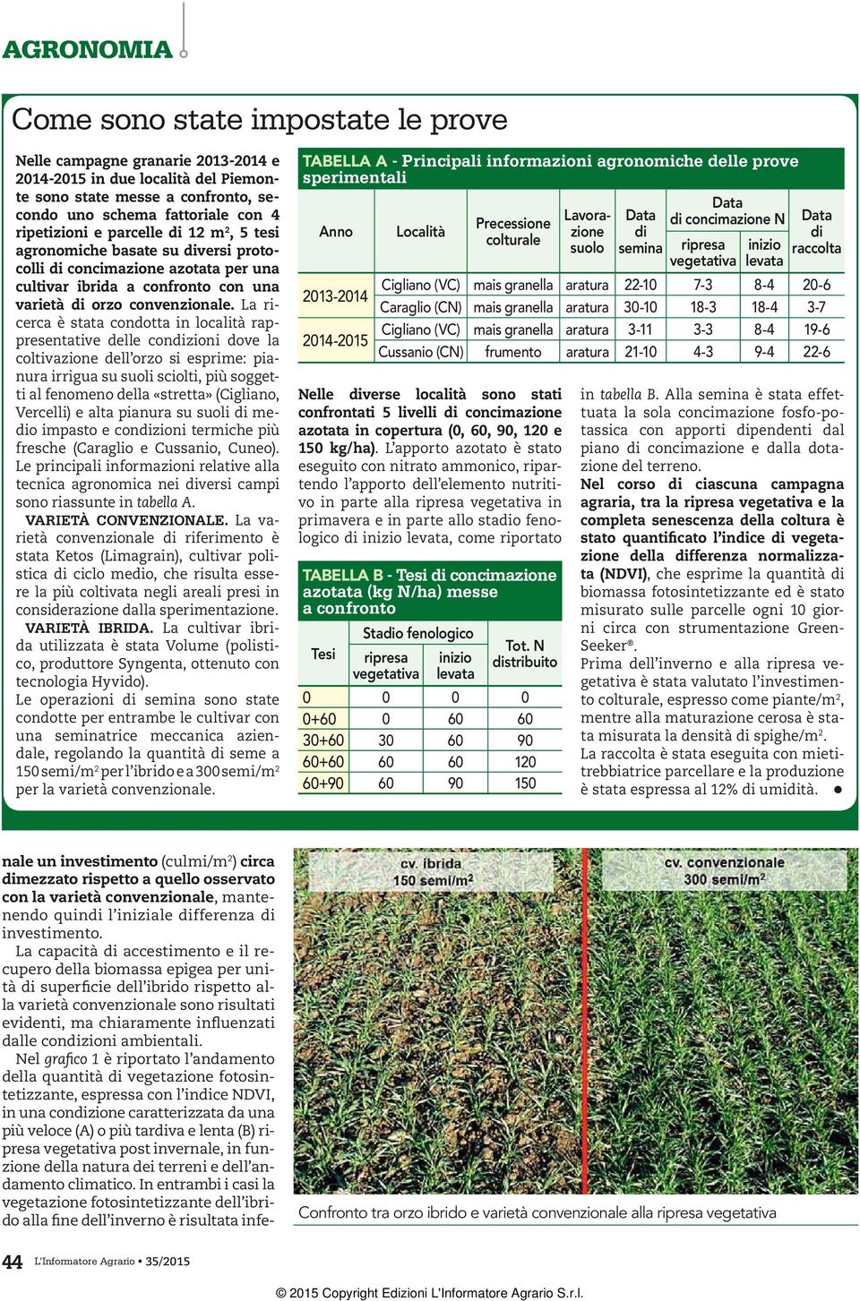 La ricerca è stata condotta in località rappresentative delle condizioni dove la coltivazione dell orzo si esprime: pianura irrigua su suoli sciolti, più soggetti al fenomeno della «stretta»