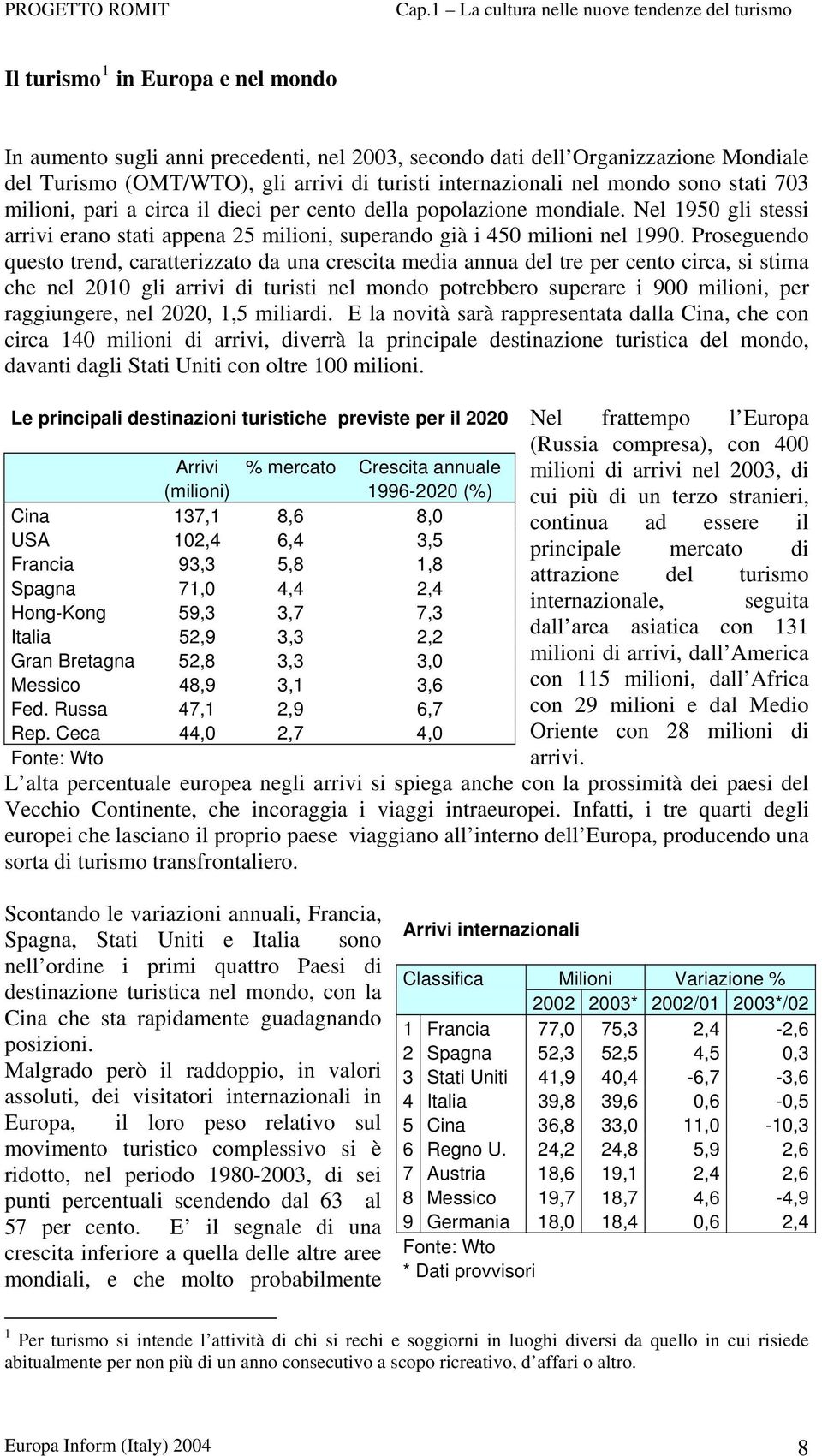 Proseguendo questo trend, caratterizzato da una crescita media annua del tre per cento circa, si stima che nel 2010 gli arrivi di turisti nel mondo potrebbero superare i 900 milioni, per raggiungere,