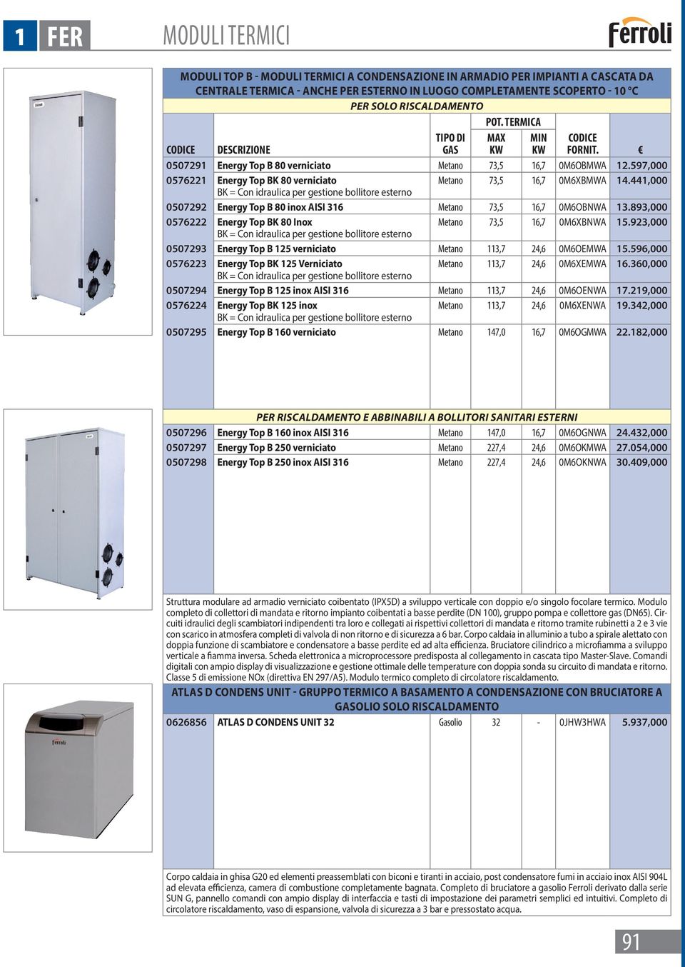 441,000 BK = Con idraulica per gestione bollitore esterno 0507292 Energy Top B 80 inox AISI 316 Metano 73,5 16,7 0M6OBNWA 13.893,000 0576222 Energy Top BK 80 Inox Metano 73,5 16,7 0M6XBNWA 15.