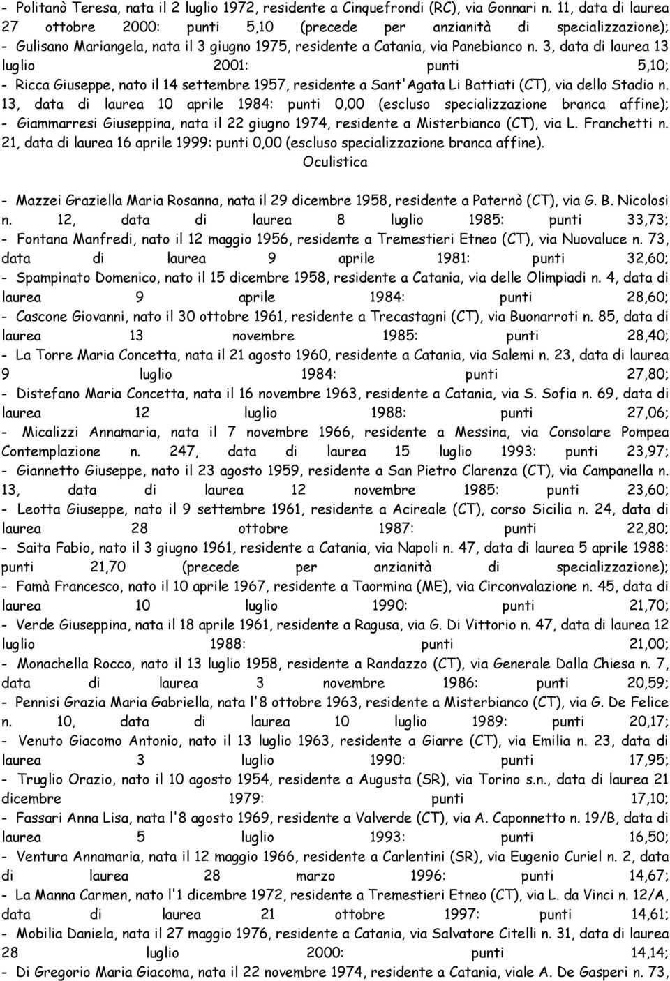 3, data di laurea 13 luglio 2001: punti 5,10; - Ricca Giuseppe, nato il 14 settembre 1957, residente a Sant'Agata Li Battiati (CT), via dello Stadio n.