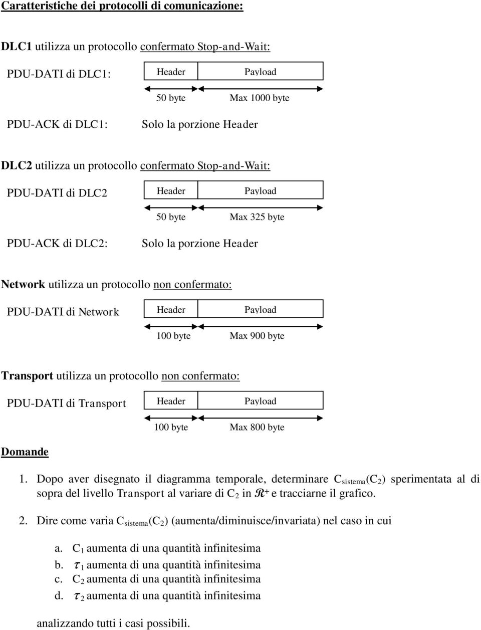 utilizza un protocollo non confermato: PDU-DATI di Transport 100 byte Max 800 byte Domande 1.