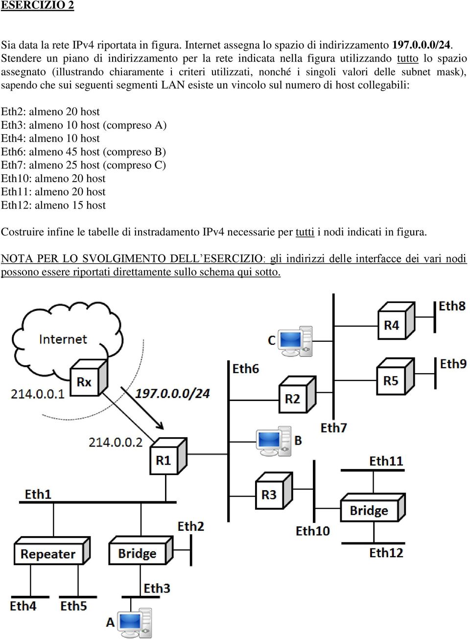 sapendo che sui seguenti segmenti LAN esiste un vincolo sul numero di host collegabili: Eth2: almeno 20 host Eth3: almeno 10 host (compreso A) Eth4: almeno 10 host Eth6: almeno 45 host (compreso B)