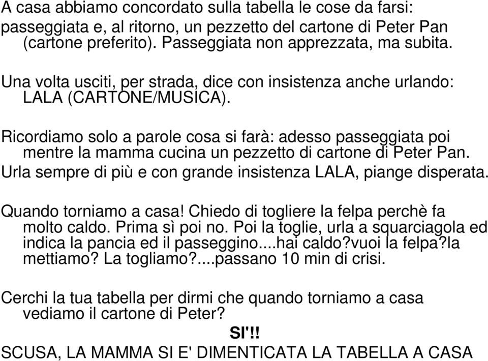 Ricordiamo solo a parole cosa si farà: adesso passeggiata poi mentre la mamma cucina un pezzetto di cartone di Peter Pan. Urla sempre di più e con grande insistenza LALA, piange disperata.