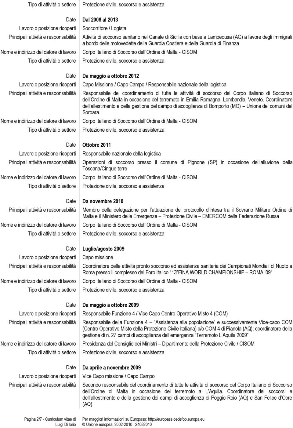 Malta in occasione del terremoto in Emilia Romagna, Lombardia, Veneto. Coordinatore dell allestimento e della gestione del campo di accoglienza di Bomporto (MO) Unione dei comuni del Sorbara.