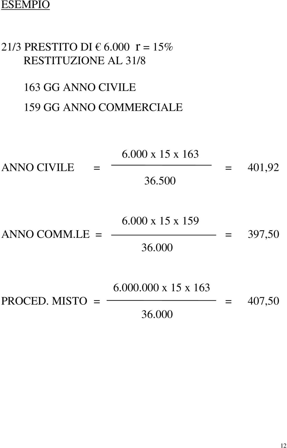 COMMERCIALE 6.000 x 15 x 163 ANNO CIVILE = = 401,92 36.500 6.