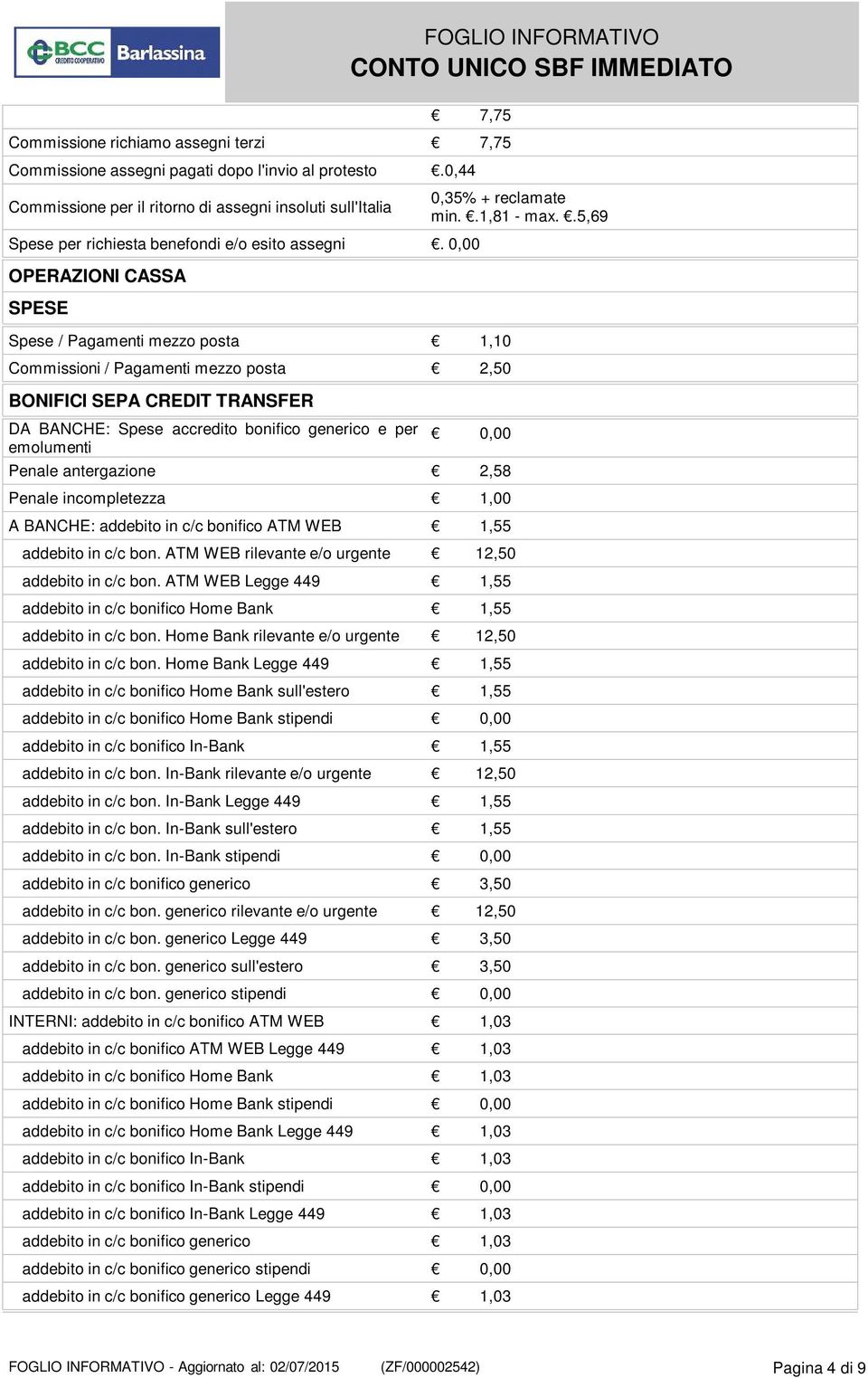 0,00 OPERAZIONI CASSA Spese / Pagamenti mezzo posta 1,10 Commissioni / Pagamenti mezzo posta 2,50 BONIFICI SEPA CREDIT TRANSFER DA BANCHE: Spese accredito bonifico generico e per emolumenti 0,35% +