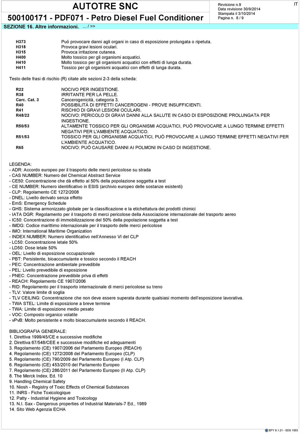 Tossico per gli organismi acquatici con effetti di lunga durata. Testo delle frasi di rischio (R) citate alle sezioni 2-3 della scheda: R22 NOCIVO PER INGESTIONE. R38 IRRANTE PER LA PELLE. Carc. Cat.