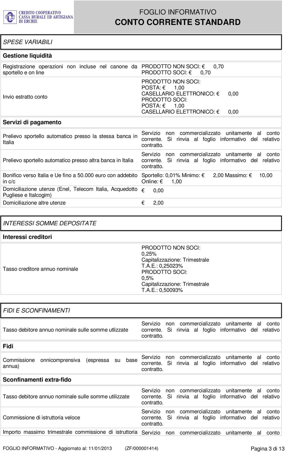 000 euro con addebito in c/c Domiciliazione utenze (Enel, Telecom Italia, Acquedotto Pugliese e Italcogim) Sportello: 0,01% Minimo: 2,00 Massimo: 10,00 Online: 1,00 Domiciliazione altre utenze 2,00