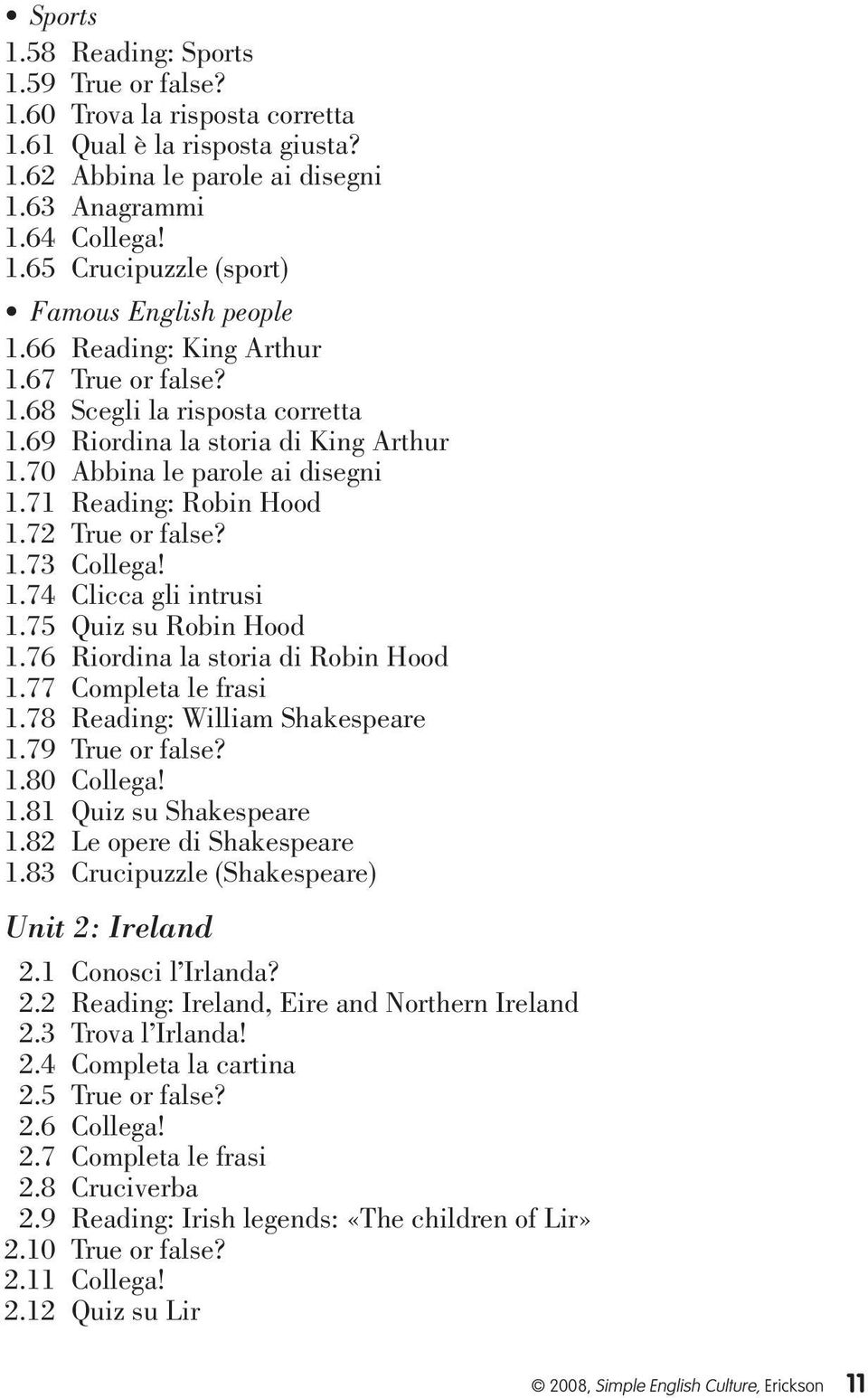 1.74 Clicca gli intrusi 1.75 Quiz su Robin Hood 1.76 Riordina la storia di Robin Hood 1.77 Completa le frasi 1.78 Reading: William Shakespeare 1.79 True or false? 1.80 Collega! 1.81 Quiz su Shakespeare 1.