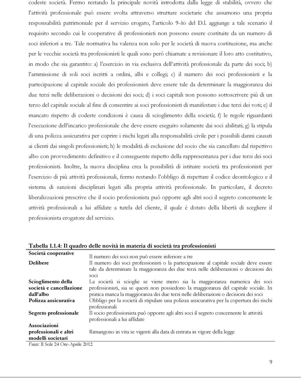 patrimoniale per il servizio erogato, l articolo 9-bis del D.l. aggiunge a tale scenario il requisito secondo cui le cooperative di professionisti non possono essere costituite da un numero di soci inferiori a tre.