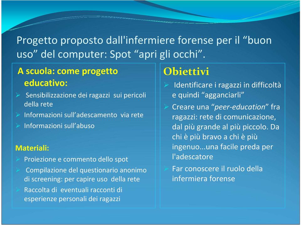 commento dello spot Compilazione del questionario anonimo di screening: per capire uso della rete Raccolta di eventuali racconti di esperienze personali dei ragazzi Obiettivi