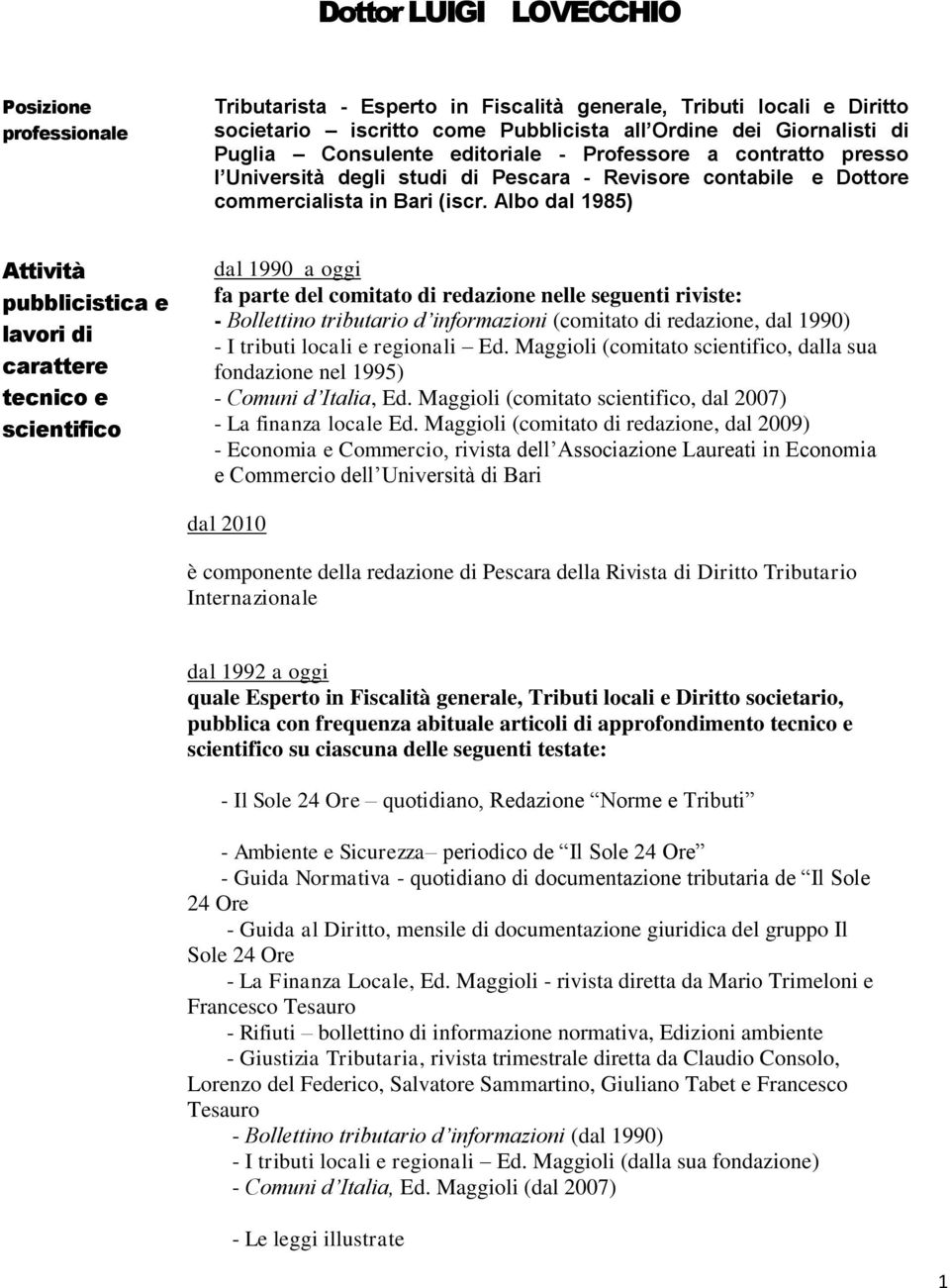 Albo dal 1985) Attività pubblicistica e lavori di carattere tecnico e scientifico dal 1990 a oggi fa parte del comitato di redazione nelle seguenti riviste: - Bollettino tributario d informazioni