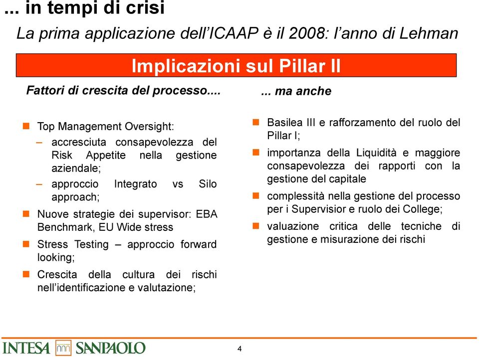 Benchmark, EU Wide stress Stress Testing approccio forward looking; Crescita della cultura dei rischi nell identificazione e valutazione; Basilea III e rafforzamento del ruolo del Pillar I;