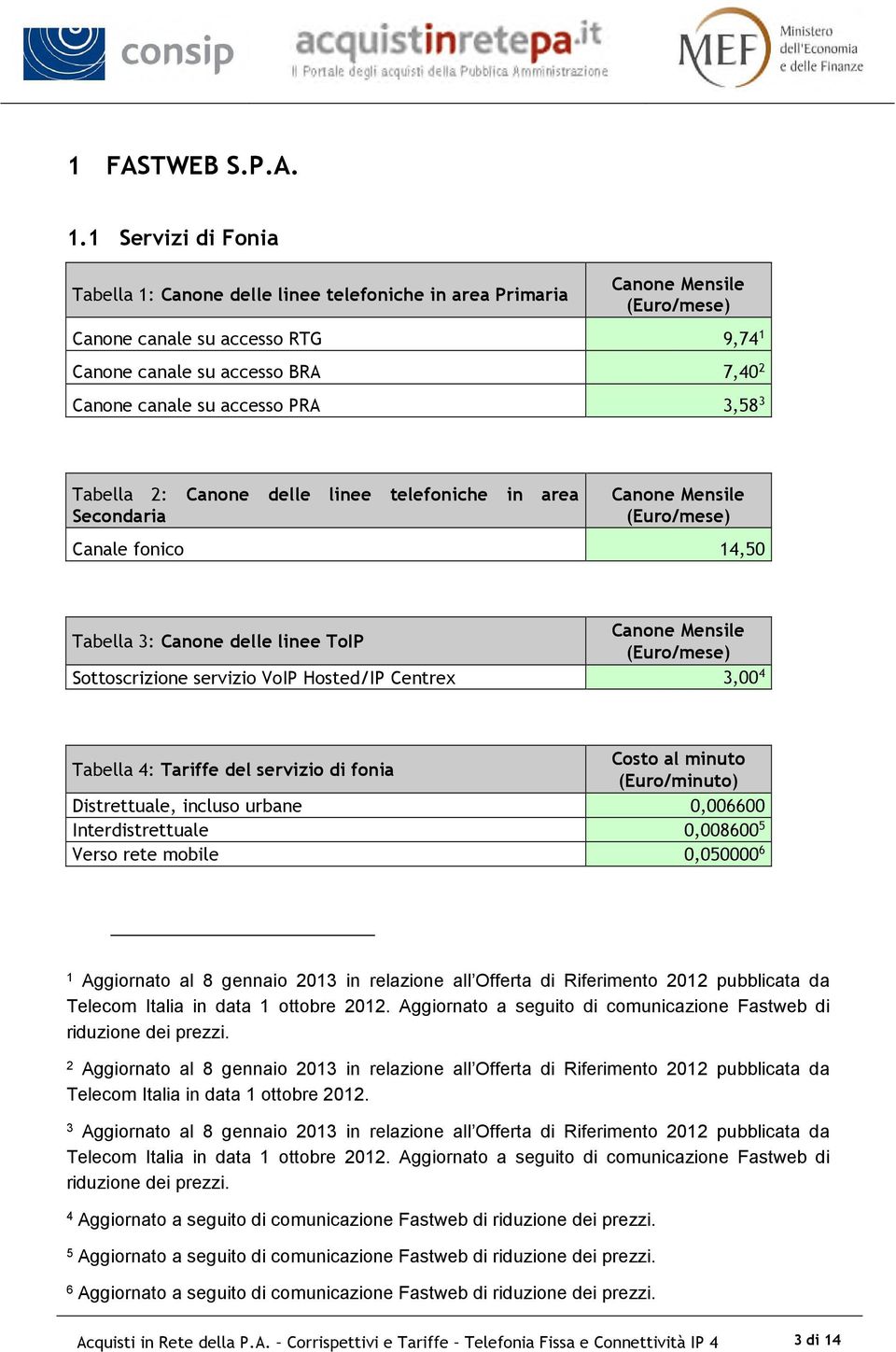 Canone delle linee telefoniche in area Secondaria Canale fonico 14,50 Tabella 3: Canone delle linee ToIP Sottoscrizione servizio VoIP Hosted/IP Centrex 3,00 4 Tabella 4: Tariffe del servizio di fonia